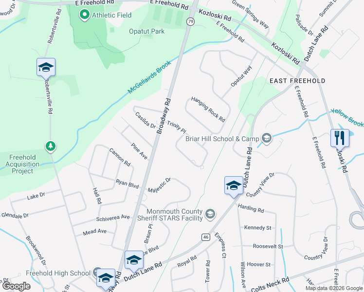 map of restaurants, bars, coffee shops, grocery stores, and more near 24 Trinity Place in Freehold