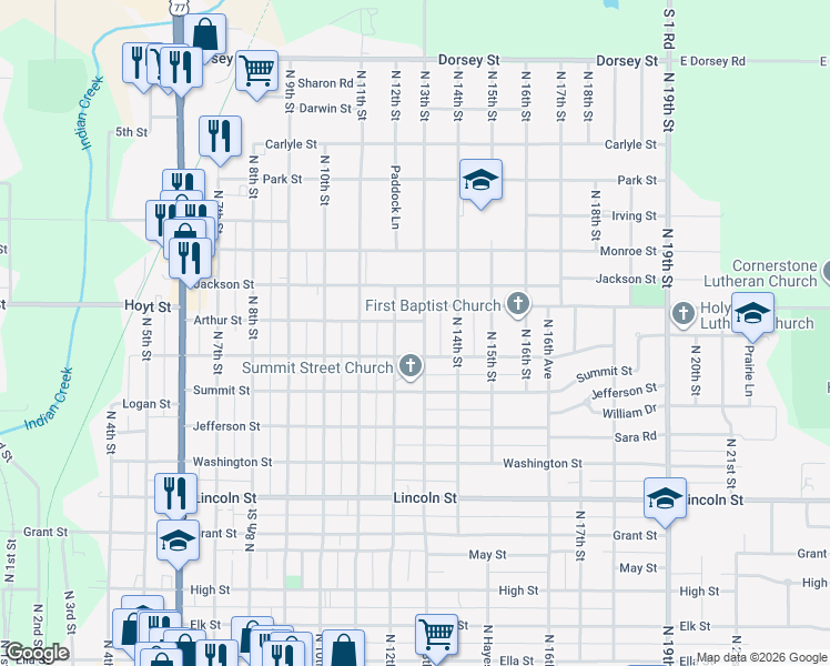 map of restaurants, bars, coffee shops, grocery stores, and more near 1014 North 12th Street in Beatrice
