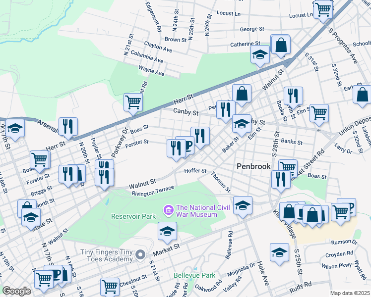 map of restaurants, bars, coffee shops, grocery stores, and more near 2391 State St in Harrisburg