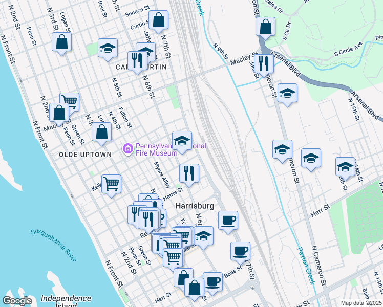 map of restaurants, bars, coffee shops, grocery stores, and more near 1706 North 7th Street in Harrisburg