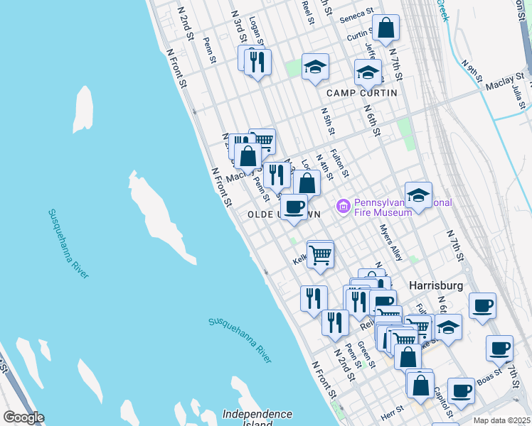 map of restaurants, bars, coffee shops, grocery stores, and more near 1939 North 2nd Street in Harrisburg