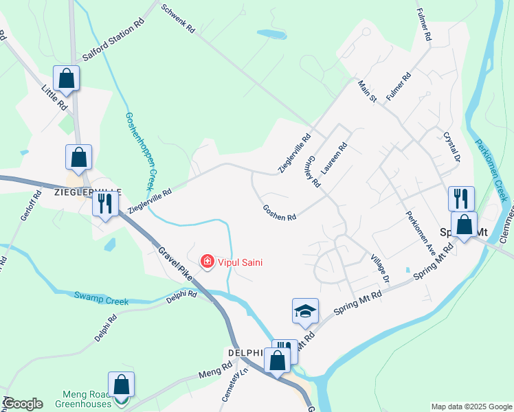 map of restaurants, bars, coffee shops, grocery stores, and more near 133 Goshen Road in Schwenksville