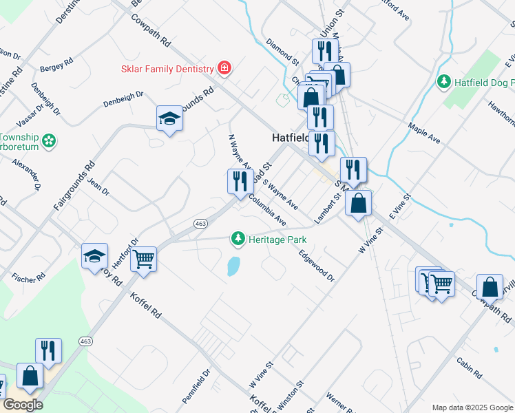 map of restaurants, bars, coffee shops, grocery stores, and more near 38 Columbia Avenue in Hatfield