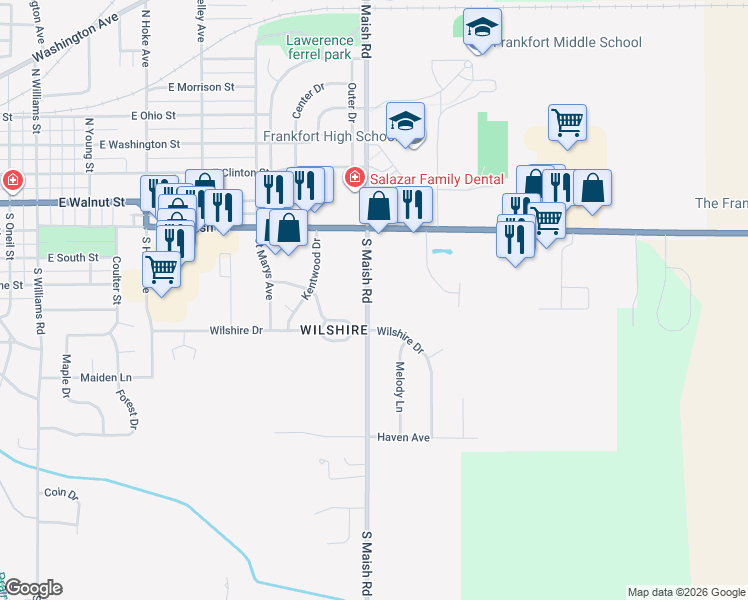 map of restaurants, bars, coffee shops, grocery stores, and more near 559 South Maish Road in Frankfort
