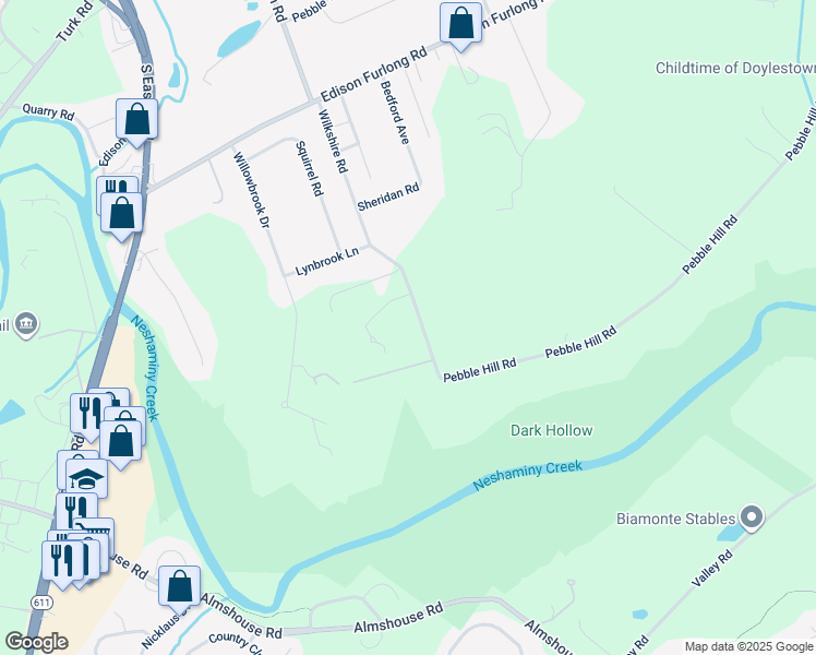 map of restaurants, bars, coffee shops, grocery stores, and more near 140 Wilkshire Road in Doylestown