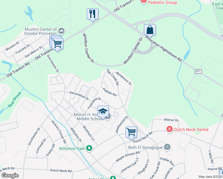 map of restaurants, bars, coffee shops, grocery stores, and more near 24 Oak Creek Road in East Windsor