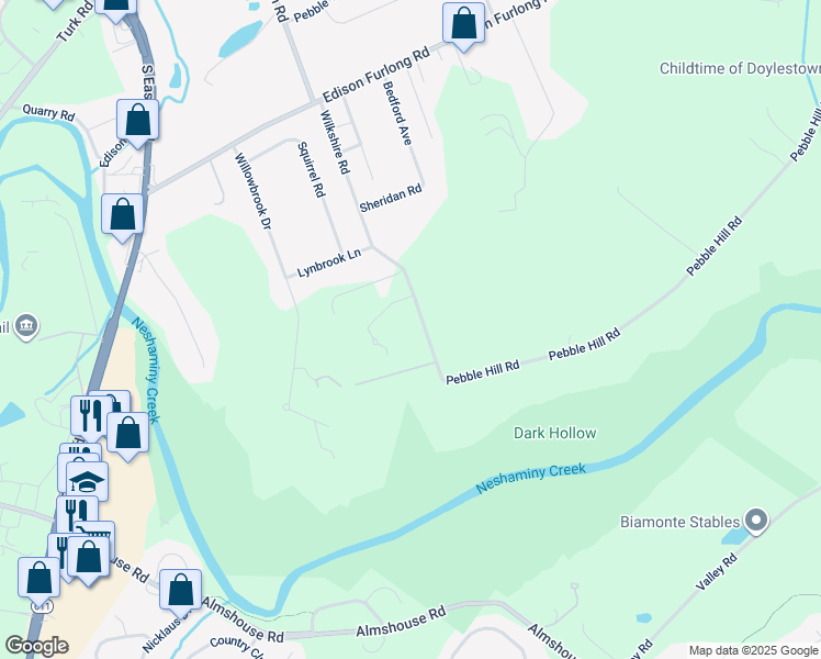 map of restaurants, bars, coffee shops, grocery stores, and more near 140 Wilkshire Road in Doylestown