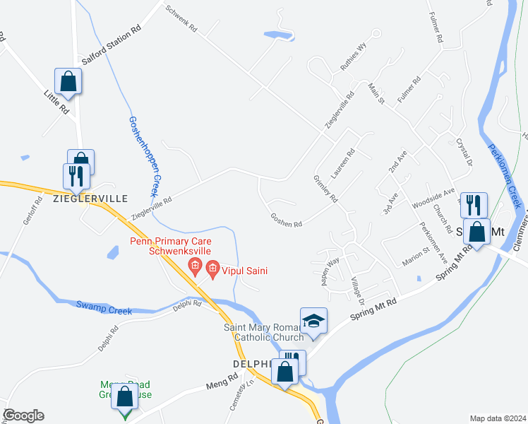 map of restaurants, bars, coffee shops, grocery stores, and more near 133 Goshen Road in Schwenksville