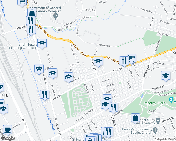 map of restaurants, bars, coffee shops, grocery stores, and more near 1219 North 16th Street in Harrisburg