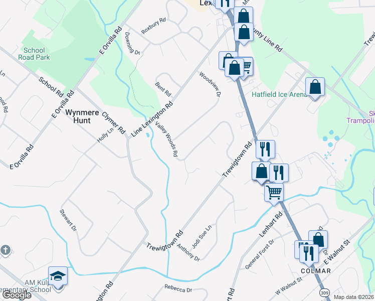 map of restaurants, bars, coffee shops, grocery stores, and more near 2684 Valley Woods Road in Hatfield