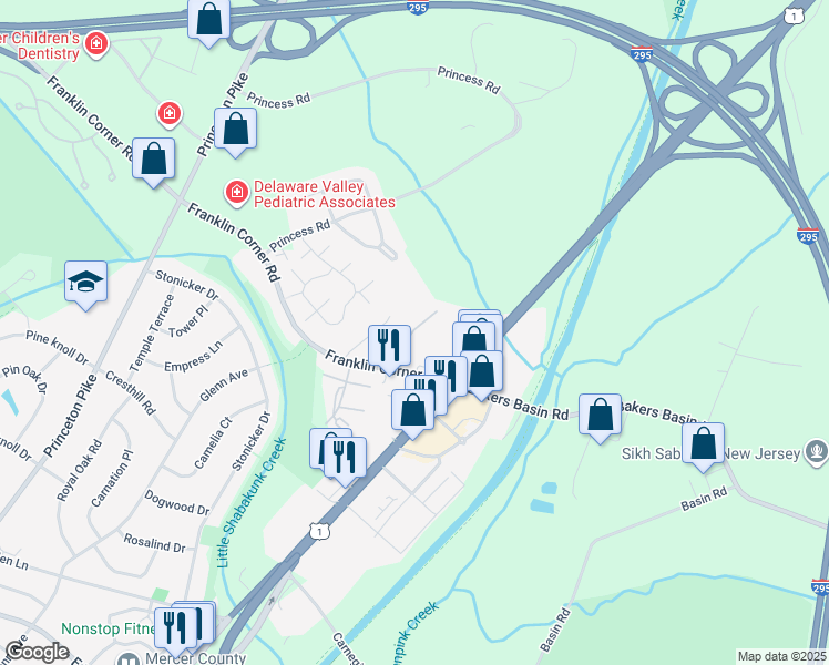 map of restaurants, bars, coffee shops, grocery stores, and more near 180 Franklin Corner Road in Lawrence Township