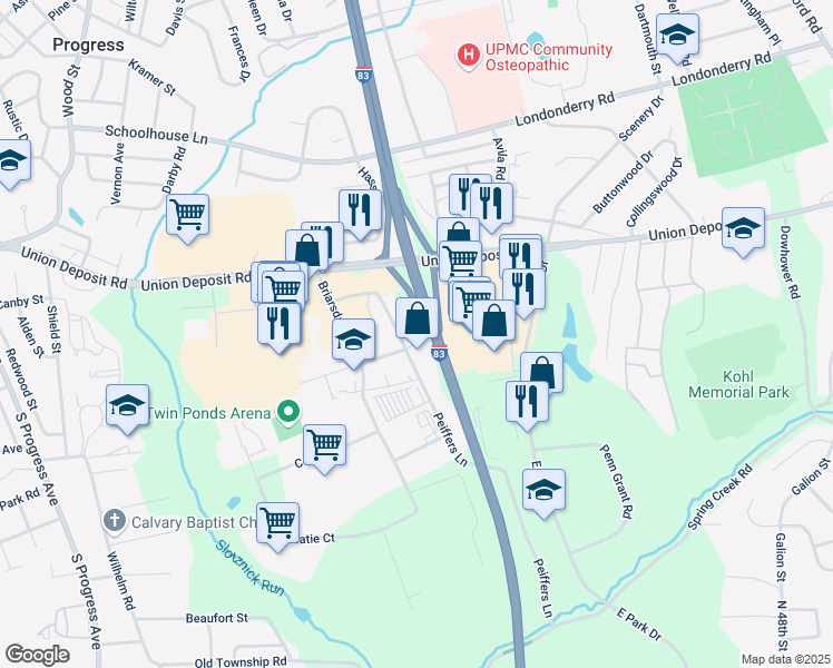 map of restaurants, bars, coffee shops, grocery stores, and more near 1001 Peiffers Lane in Harrisburg