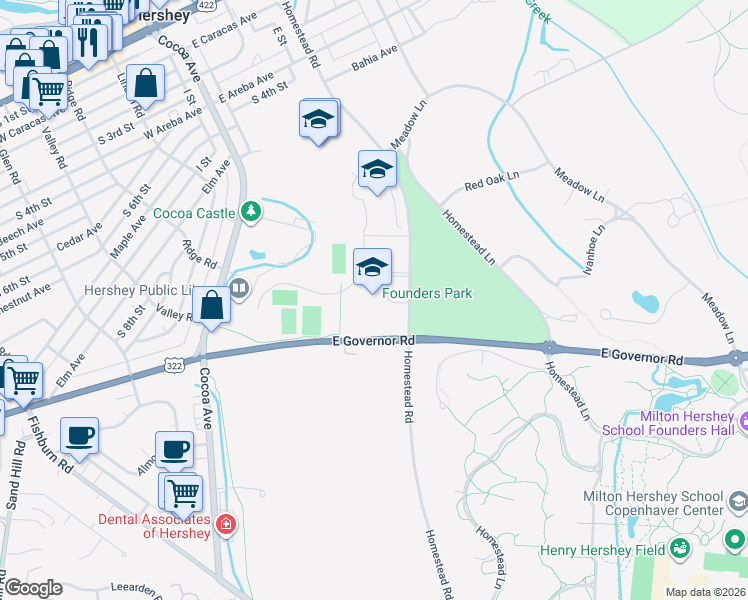 map of restaurants, bars, coffee shops, grocery stores, and more near 550 Homestead Road in Hershey