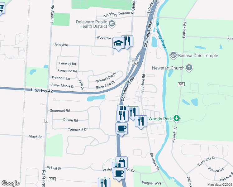 map of restaurants, bars, coffee shops, grocery stores, and more near 8 Winston Road in Delaware
