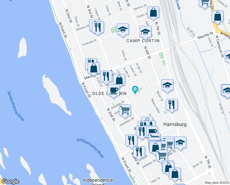 map of restaurants, bars, coffee shops, grocery stores, and more near 261 Delaware Street in Harrisburg