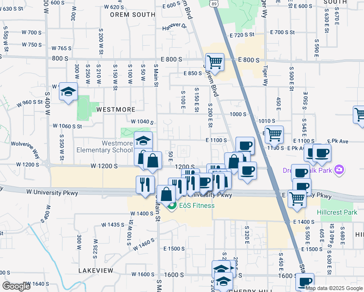 map of restaurants, bars, coffee shops, grocery stores, and more near 1085 South Anne Circle in Orem