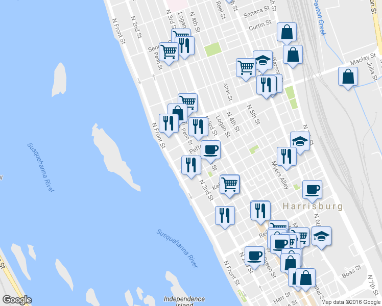map of restaurants, bars, coffee shops, grocery stores, and more near 1936 North 2nd Street in Harrisburg