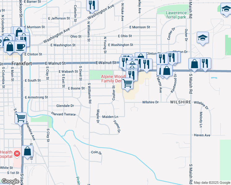 map of restaurants, bars, coffee shops, grocery stores, and more near 551 Coulter Street in Frankfort