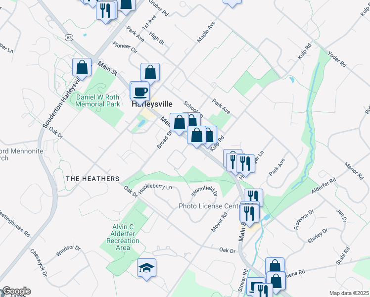 map of restaurants, bars, coffee shops, grocery stores, and more near 422 Main Street in Harleysville