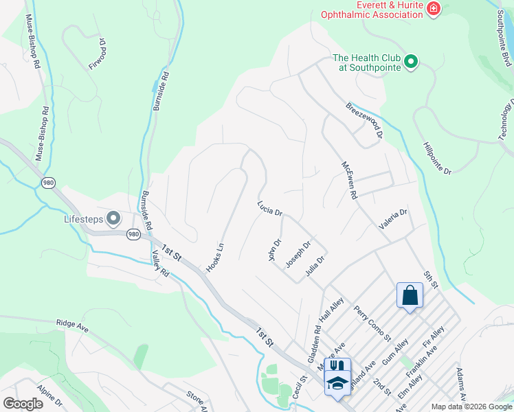 map of restaurants, bars, coffee shops, grocery stores, and more near 1305 Lucia Drive in Canonsburg
