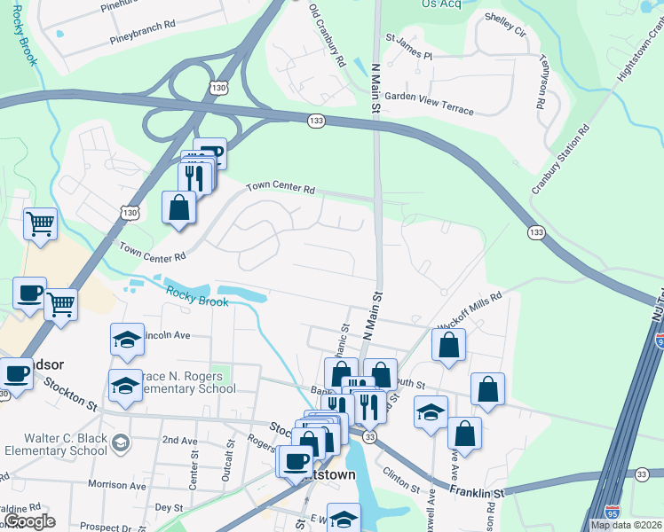 map of restaurants, bars, coffee shops, grocery stores, and more near 218 Sunset Avenue in Hightstown