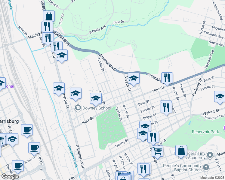 map of restaurants, bars, coffee shops, grocery stores, and more near 1500 Verbeke Street in Harrisburg