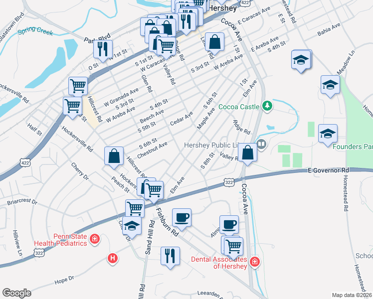 map of restaurants, bars, coffee shops, grocery stores, and more near 352 Maple Avenue in Hershey