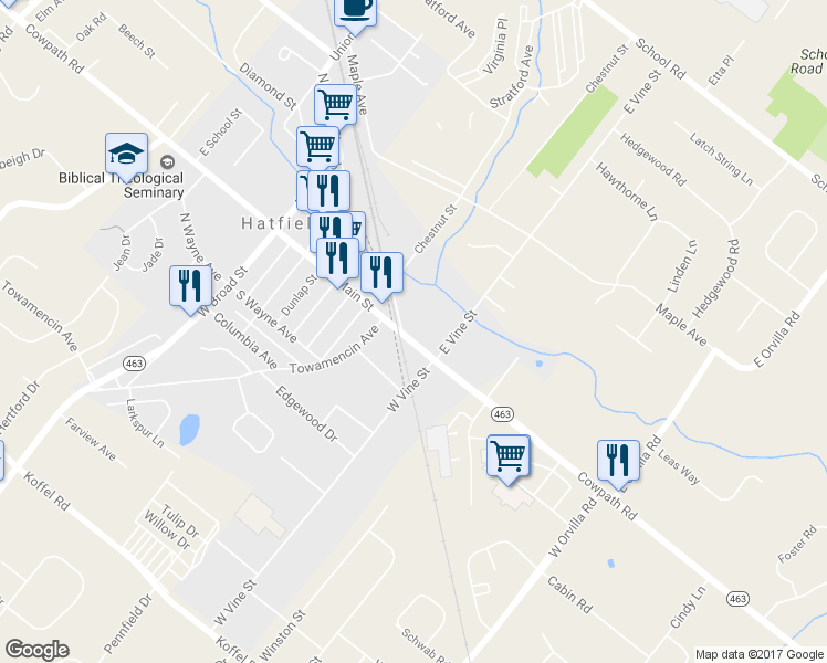 map of restaurants, bars, coffee shops, grocery stores, and more near 439 South Main Street in Hatfield