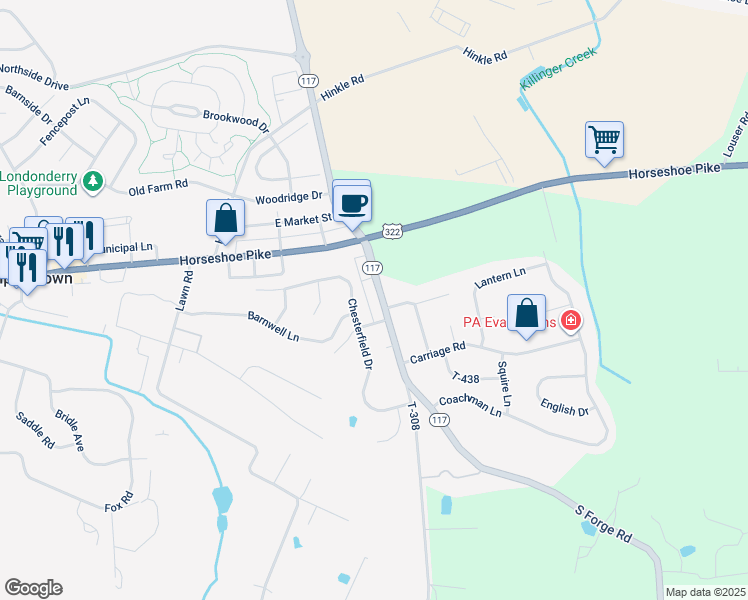 map of restaurants, bars, coffee shops, grocery stores, and more near 1915 South Forge Road in Palmyra