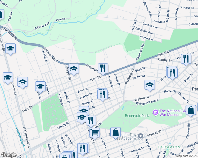 map of restaurants, bars, coffee shops, grocery stores, and more near 1921 Herr Street in Harrisburg