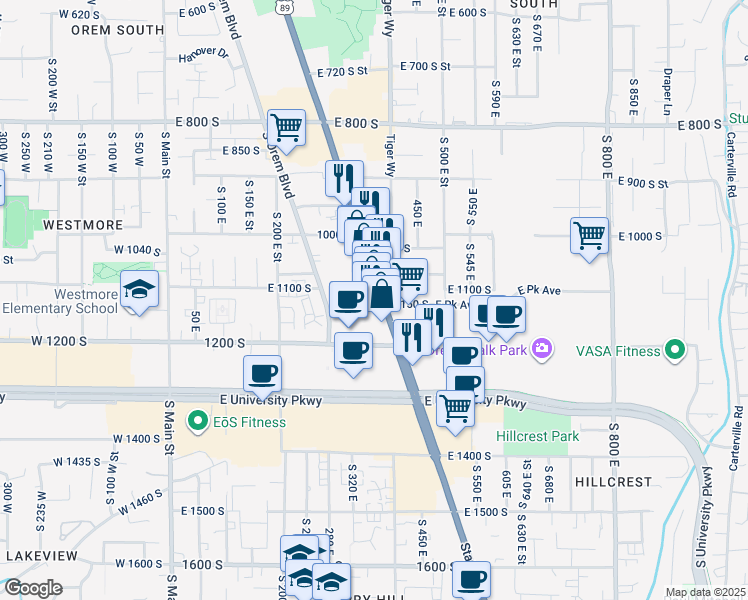 map of restaurants, bars, coffee shops, grocery stores, and more near 1116 State Street in Orem
