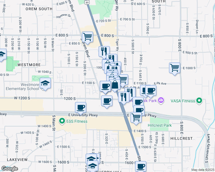 map of restaurants, bars, coffee shops, grocery stores, and more near 1116 State Street in Orem