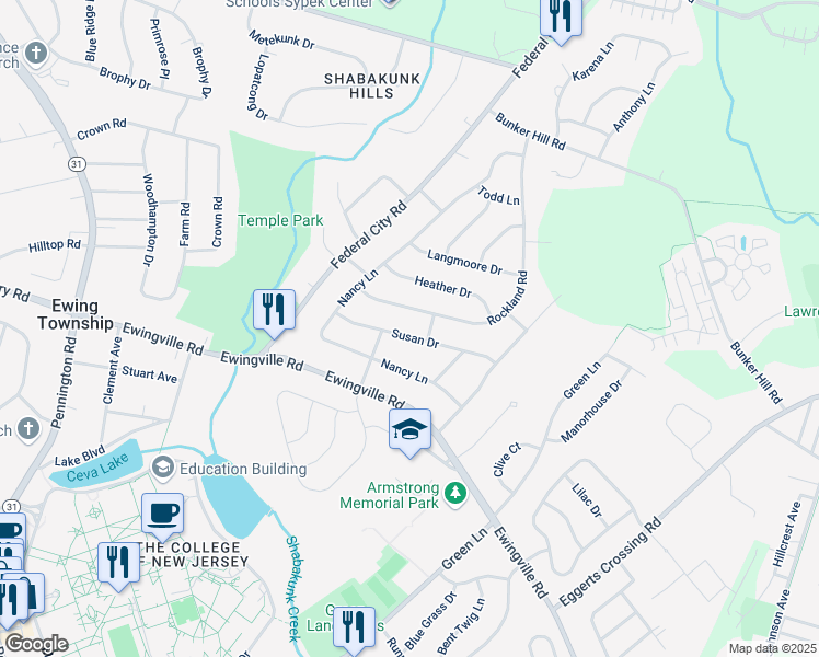 map of restaurants, bars, coffee shops, grocery stores, and more near 122 Susan Dr in Ewing Township