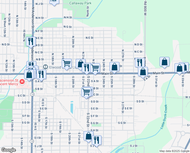 map of restaurants, bars, coffee shops, grocery stores, and more near 2301 Main Street in Elwood