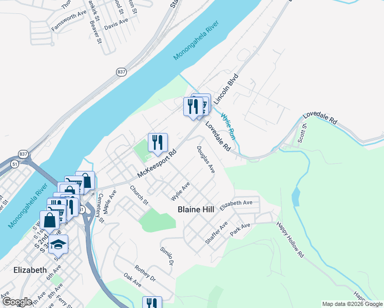 map of restaurants, bars, coffee shops, grocery stores, and more near 510 Monongahela Avenue in Elizabeth