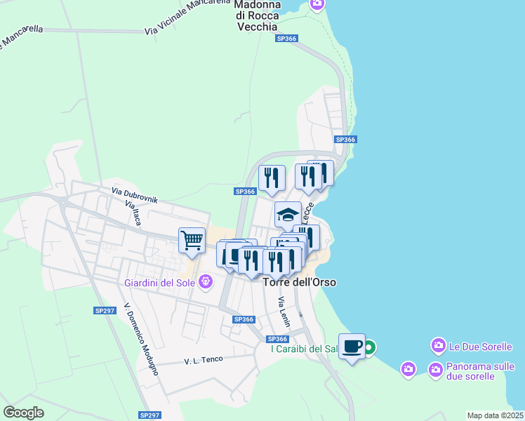 map of restaurants, bars, coffee shops, grocery stores, and more near 38 Via Palmiro Togliatti in Torre Dell'Orso