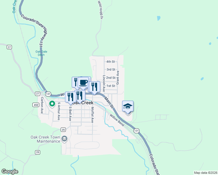 map of restaurants, bars, coffee shops, grocery stores, and more near 301 1st Street in Oak Creek