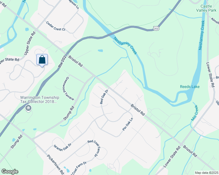 map of restaurants, bars, coffee shops, grocery stores, and more near Bristol Road in Doylestown