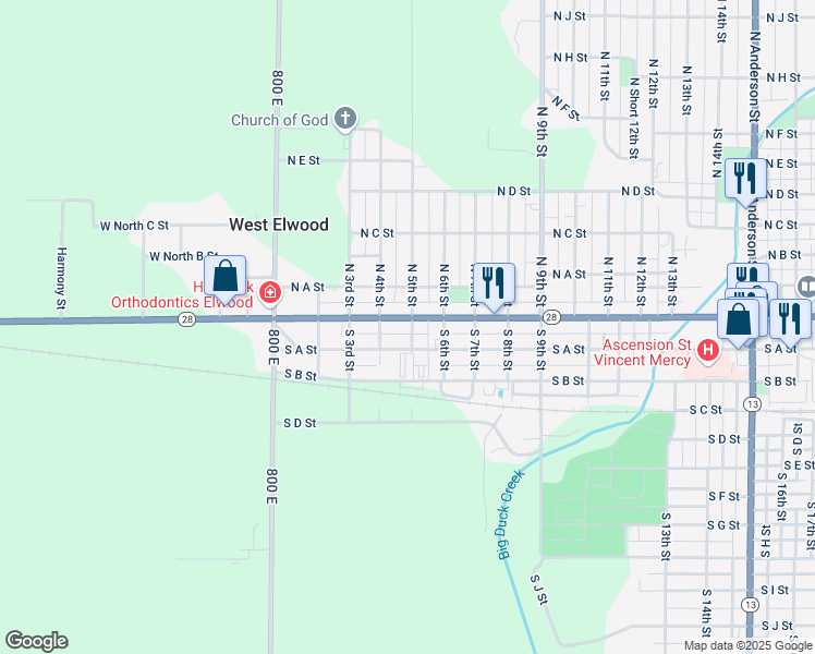 map of restaurants, bars, coffee shops, grocery stores, and more near 421 Main Street in Elwood