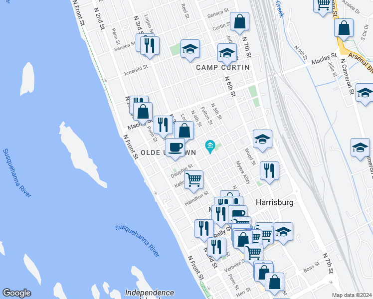 map of restaurants, bars, coffee shops, grocery stores, and more near 1912 North 3rd Street in Harrisburg
