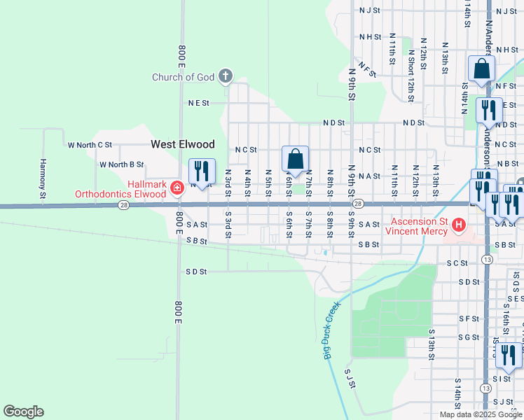 map of restaurants, bars, coffee shops, grocery stores, and more near 421 Main Street in Elwood