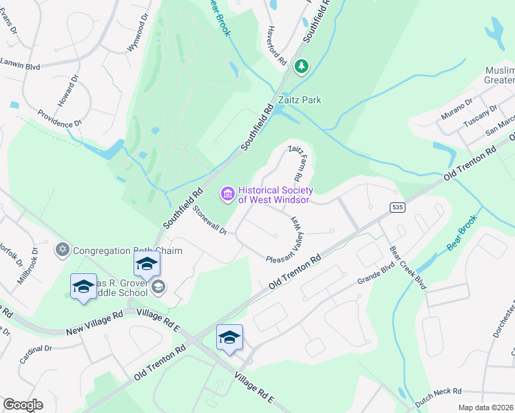 map of restaurants, bars, coffee shops, grocery stores, and more near 8 Zaitz Farm Road in West Windsor Township