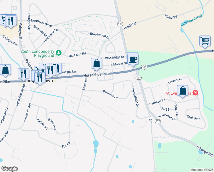 map of restaurants, bars, coffee shops, grocery stores, and more near 341 Chesterfield Drive in Palmyra