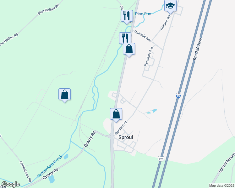 map of restaurants, bars, coffee shops, grocery stores, and more near 126 Rush Drive in Claysburg