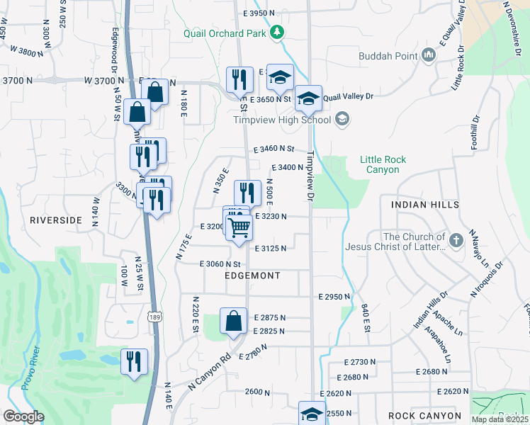 map of restaurants, bars, coffee shops, grocery stores, and more near 3210 North Canyon Road in Provo