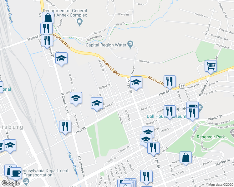 map of restaurants, bars, coffee shops, grocery stores, and more near 1302 North 15th Street in Harrisburg