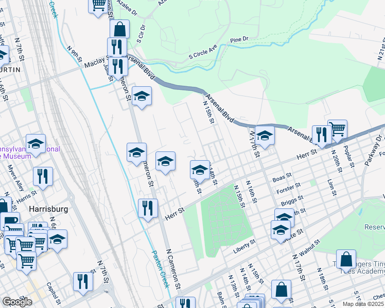 map of restaurants, bars, coffee shops, grocery stores, and more near 24 Bigelow Court in Harrisburg