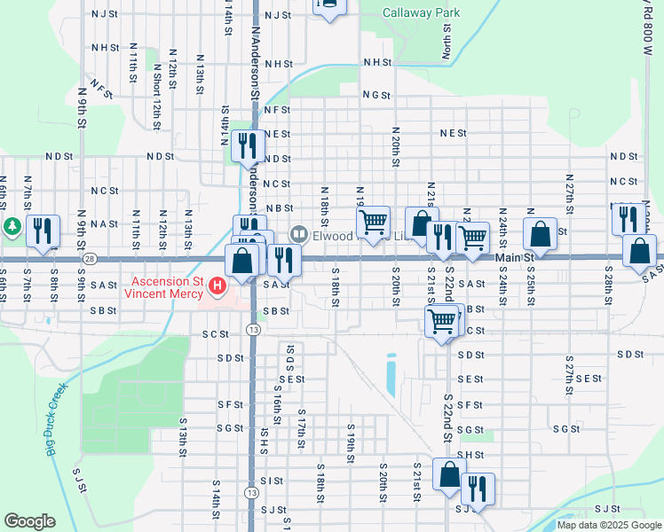 map of restaurants, bars, coffee shops, grocery stores, and more near 1808 South A Street in Elwood