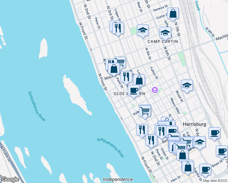 map of restaurants, bars, coffee shops, grocery stores, and more near 1936 North 2nd Street in Harrisburg