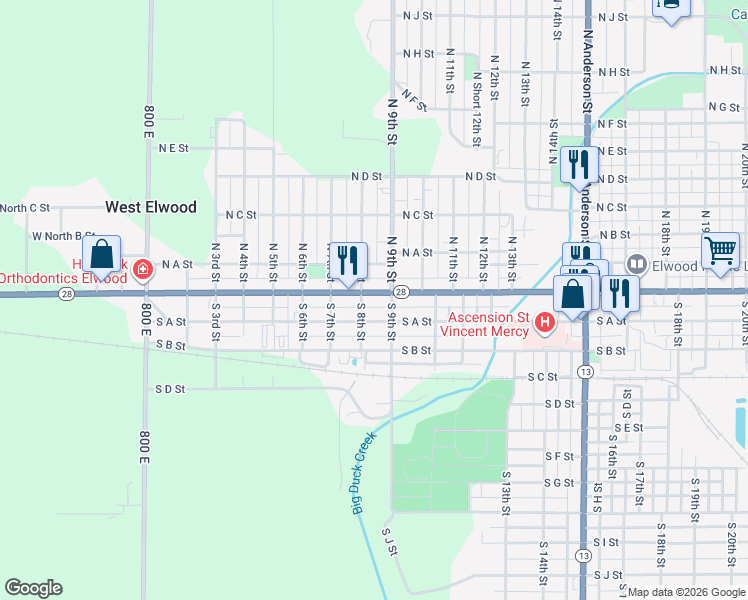 map of restaurants, bars, coffee shops, grocery stores, and more near 811 Main St in Elwood